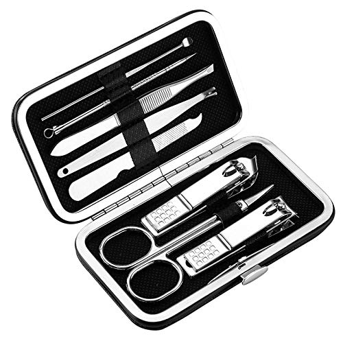 Kit de Manicura Pedicura 8pieza Acero Inoxidable Cortaúñas Tijeras de Cejas Uñas Lima Orejas Palillo Empujador de Cutículas Pinzas de Cejas Aguja para el acné Cuidado de uñas para Hombre Mujer