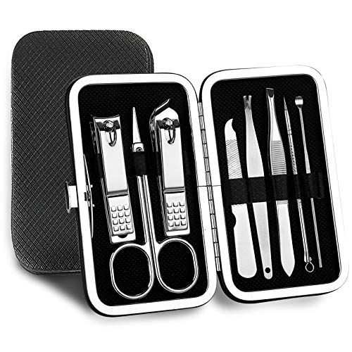 Kit de Manicura Pedicura 8pieza Acero Inoxidable Cortaúñas Tijeras de Cejas Uñas Lima Orejas Palillo Empujador de Cutículas Pinzas de Cejas Aguja para el acné Cuidado de uñas para Hombre Mujer