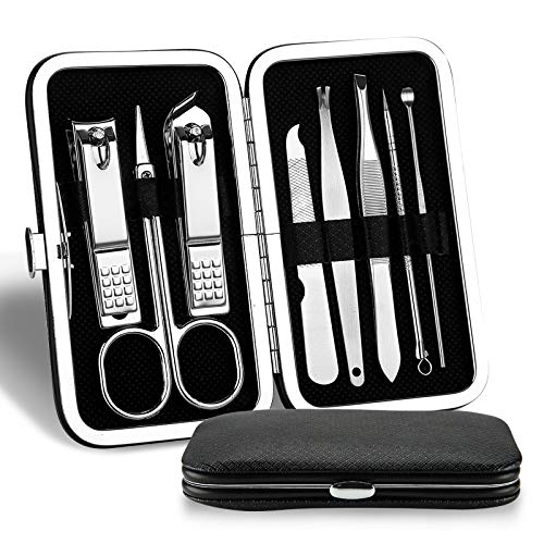 Kit de Manicura Pedicura 8pieza Acero Inoxidable Cortaúñas Tijeras de Cejas Uñas Lima Orejas Palillo Empujador de Cutículas Pinzas de Cejas Aguja para el acné Cuidado de uñas para Hombre Mujer