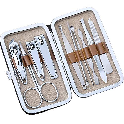 Kit de manicura y pedicura de acero inoxidable, estuche de lujo con 10 piezas