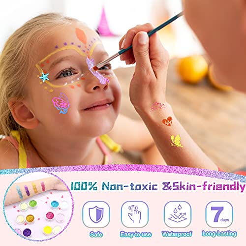 Kit de Tatuajes Purpurina Temporales, 36 Colores Brillo con 182 Plantillas, 215 Gemas para Niños, Niña, Adulto -No Tóxico Tatuaje de Maquillaje Cara y Cuerpo para Fiestas, Cumpleaños, Carnaval, Pascua