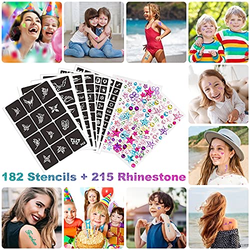 Kit de Tatuajes Purpurina Temporales, 36 Colores Brillo con 182 Plantillas, 215 Gemas para Niños, Niña, Adulto -No Tóxico Tatuaje de Maquillaje Cara y Cuerpo para Fiestas, Cumpleaños, Carnaval, Pascua