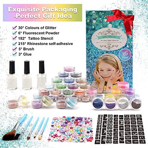 Kit de Tatuajes Purpurina Temporales, 36 Colores Brillo con 182 Plantillas, 215 Gemas para Niños, Niña, Adulto -No Tóxico Tatuaje de Maquillaje Cara y Cuerpo para Fiestas, Cumpleaños, Carnaval, Pascua