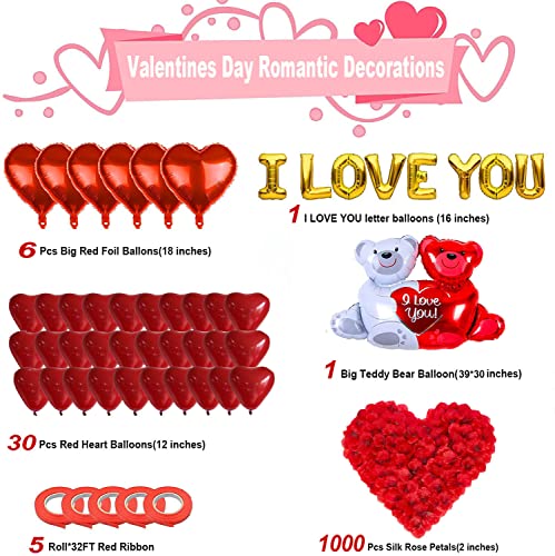 Kit Romántico Globos Corazon Con Pétalos de Rosa Artificiales Y Lámina Oso Gigante XXL, Globos helio rojos para Aniversario pareja, Día La Madre, Valentín, te quiero, Boda decoracion y Compromiso