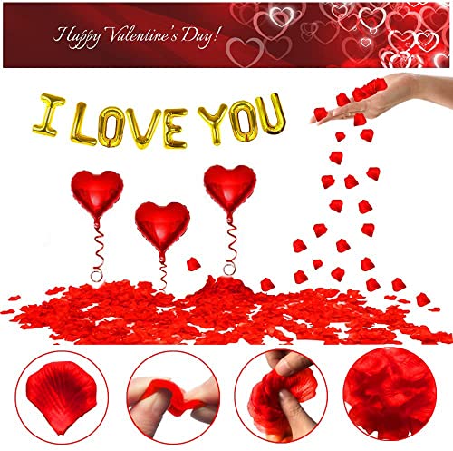Kit Romántico Globos Corazon Con Pétalos de Rosa Artificiales Y Lámina Oso Gigante XXL, Globos helio rojos para Aniversario pareja, Día La Madre, Valentín, te quiero, Boda decoracion y Compromiso