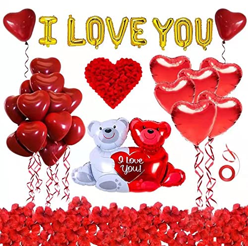 Kit Romántico Globos Corazon Con Pétalos de Rosa Artificiales Y Lámina Oso Gigante XXL, Globos helio rojos para Aniversario pareja, Día La Madre, Valentín, te quiero, Boda decoracion y Compromiso