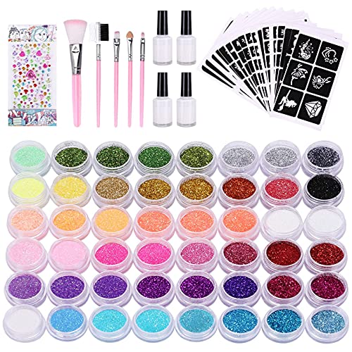 Kit Tatuajes Temporales, Kastiny 48 Colores Tatuajes Purpurina con 203 Plantillas Impermeable, Tatuaje Brillo Kit de Tatuajes para Niños Niñas Adultos Fiesta Regalos
