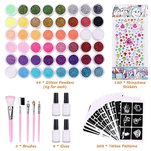 Kit Tatuajes Temporales, Kastiny 48 Colores Tatuajes Purpurina con 203 Plantillas Impermeable, Tatuaje Brillo Kit de Tatuajes para Niños Niñas Adultos Fiesta Regalos
