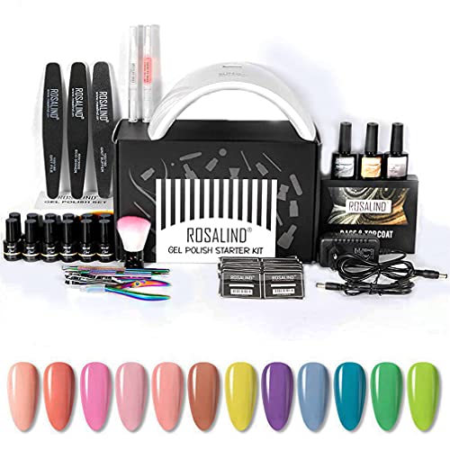 Kit uñas Semipermanentes, ROSALIND Kit uñas de Gel con Lámpara UV LED para Uñas 36W, 12 Colores Esmaltes kit manicura semipermanente con Gel UV LED, Base Top Mate Coat Para el día de San Valentín