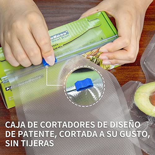 KitchenBoss Bolsas Vacío Alimentos Profesionales 3 Rolls 20x500cm con Caja de Corte (No Más Tijeras) para Almacenaje de Alimentos, Sous Vide Cocina, BPA Free