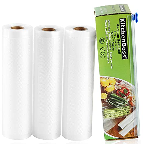 KitchenBoss Bolsas Vacío Alimentos Profesionales 3 Rolls 20x500cm con Caja de Corte (No Más Tijeras) para Almacenaje de Alimentos, Sous Vide Cocina, BPA Free
