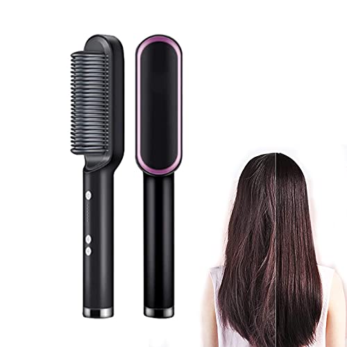kkkl 2021 New Magic Comb Anion Hair Straightener Hair Culer, Anti-Scald Hair Straightener and Curler 2-in-1, 25s Fast Heating Ceramic Electric Hair Straightening Brush, Anti-Scald Technology (Black)
