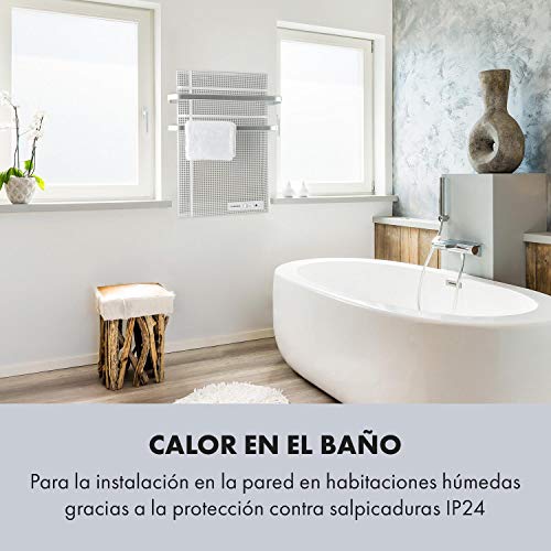 Klarstein Hot Spot Wave - Calefactor bajo consumo panel, Panel radiante, Radiador pared, 51 x 80 cm, 20 m², 1000 W, Termostato, IP24, Portatoallas, Protección antisalpicadura, Plateado