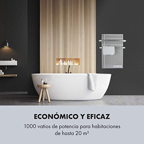 Klarstein Hot Spot Wave - Calefactor bajo consumo panel, Panel radiante, Radiador pared, 51 x 80 cm, 20 m², 1000 W, Termostato, IP24, Portatoallas, Protección antisalpicadura, Plateado