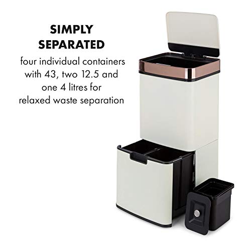 KLARSTEIN Royal Trash - Cubo de Basura con Sensor, Apertura y Cierre automático, 72 L de Volumen en 4 recipientes, Basura y desechos reciclables: 43 y 2 x 12,5 L, Cubo Bio con Tapa: 4 L, Blanco