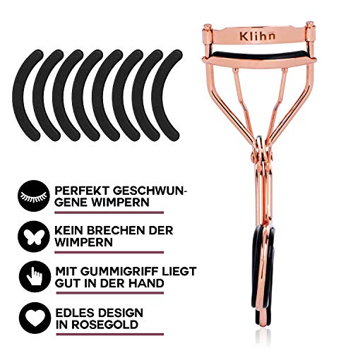 KLIHN – Exclusivo rizador de pestañas de oro rosa, con 5 recambios de goma, rizador pestañas perfecto para unas pestañas rizadas, eyelash curler de alta calidad.