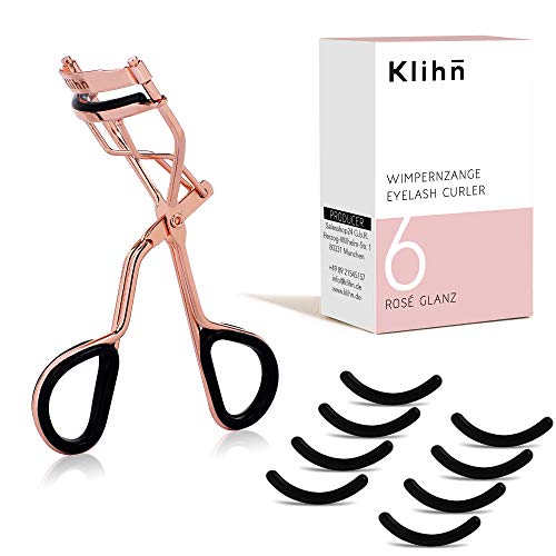 KLIHN – Exclusivo rizador de pestañas de oro rosa, con 5 recambios de goma, rizador pestañas perfecto para unas pestañas rizadas, eyelash curler de alta calidad.