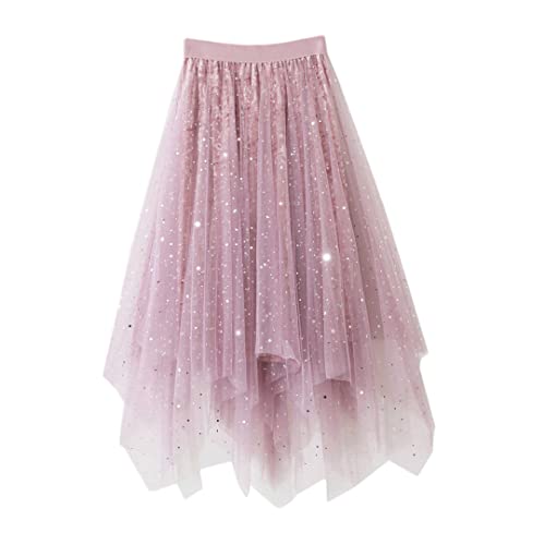 KMMBBTY Faldas de Tul con Lentejuelas de Estrella para Mujer, Faldas Plisadas de Longitud Media Irregulares de Cintura Alta Pink Velvet One Size