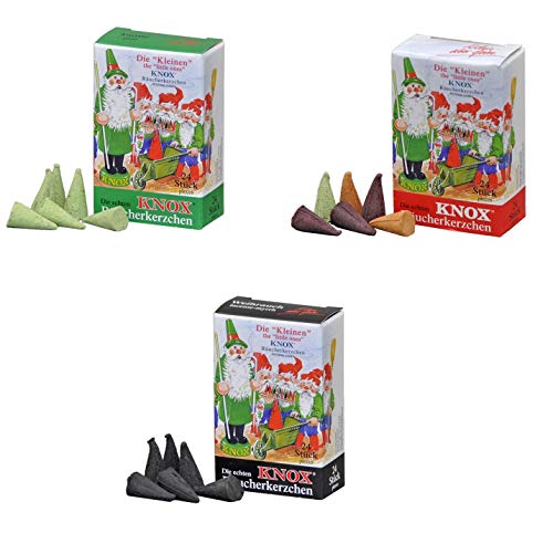 Knox - Juego de 3 velas de incienso "Die Kleinen" – aroma de abeto + mira de incienso + mezcla de colores – Conos de incienso de tamaño S – Fabricado en Alemania