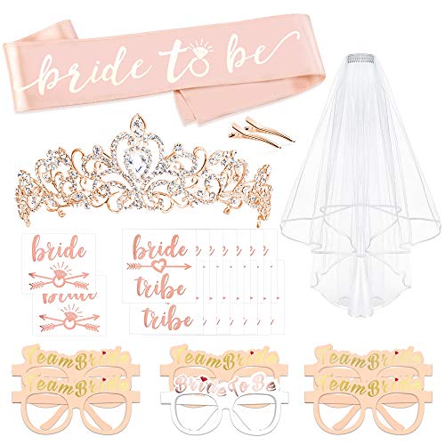 Konsait Set de Novia a Ser Banda y Velo Blanco de Novia de Boda con Peine, Novia Tiara Corona, Gafas, Tatuajes Despedida de Soltera Accesorios para Boda Fiesta Velada