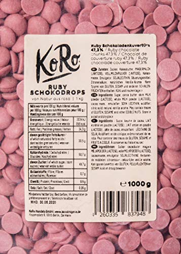 KoRo - Pepitas de chocolate Ruby 1 kg - Mínimo 47,3% de cacao - naturalmente rosa, sin colorantes ni aromas de frutas - Perfecto para repostería y refinamiento