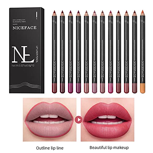 KUNMEI Delineador de Labios de 12 Colores, lápiz Labial de Terciopelo Mate Que no Deja Marcas, delineadores de Labios de Maquillaje Impermeables de Larga duración para Mujeres