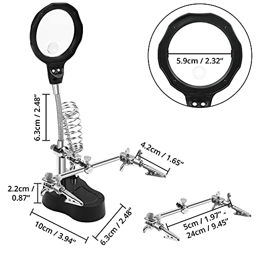Kurtzy Soporte para Soldar Tercera Mano con Luz LED, Lupa con Soporte para Soldador – Aumento 3,5 X / 12 X – Soporte Ajustable con Pinzas de Cocodrilo – Herramienta Reparación Joyas y Electrónicos