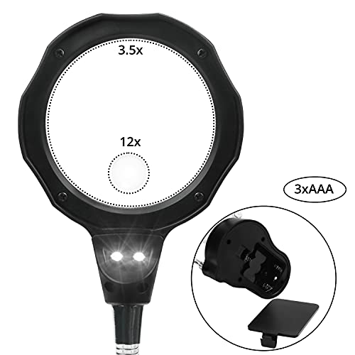 Kurtzy Soporte para Soldar Tercera Mano con Luz LED, Lupa con Soporte para Soldador – Aumento 3,5 X / 12 X – Soporte Ajustable con Pinzas de Cocodrilo – Herramienta Reparación Joyas y Electrónicos
