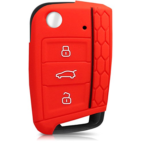 kwmobile Carcasa Compatible con VW Golf 7 MK7 Llave de Coche de 3 Botones - Funda Protectora de Silicona - Cover Flexible en Blanco/Rojo