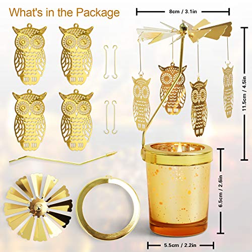 LA BELLEFÉE Cera Vegana Aromáticas Búho giratorio Lampara Giratoria con Dos Velas Portavelas Giratorio Alrededor de la Llama como por Arte de Magia Búho Dorado