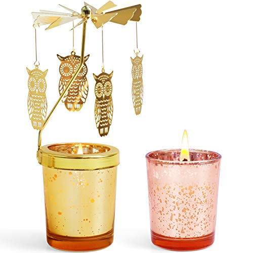 LA BELLEFÉE Cera Vegana Aromáticas Búho giratorio Lampara Giratoria con Dos Velas Portavelas Giratorio Alrededor de la Llama como por Arte de Magia Búho Dorado