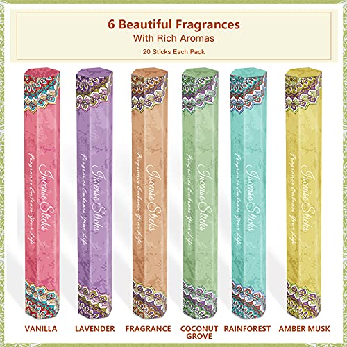 LA BELLEFÉE varitas de Incienso Set de 120 Varillas, 6 Cajas con 6 fragancias - Lavanda, Vainilla, ámbar, etc, Cereza Silvestre, con 1 x Porta Incienso