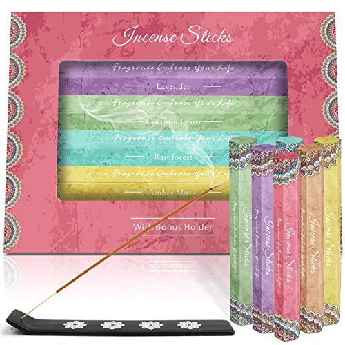 LA BELLEFÉE varitas de Incienso Set de 120 Varillas, 6 Cajas con 6 fragancias - Lavanda, Vainilla, ámbar, etc, Cereza Silvestre, con 1 x Porta Incienso