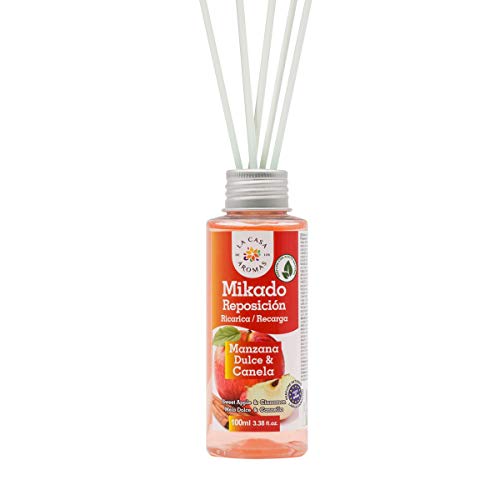 La Casa de los Aromas, Set 6 x 100ml Ambientadores Mikado Manzana Dulce y Canela para Reposición con Varillas, Aroma Duradero para el Hogar, Baño, Casa