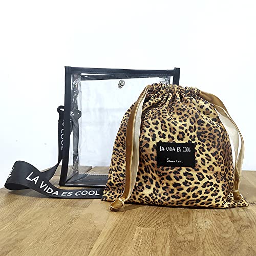La Vida es Cool Bolso mujer PVC Transparente Bandolera Tote 2 in 1 Bolsa de tela Correa ajustable Bolso cruzado Bolso con cierre de click Estampado leopardo SWEET BAG.