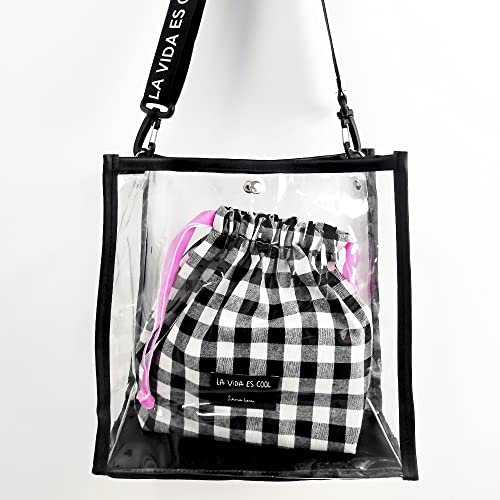 La Vida es Cool Bolso mujer PVC Transparente Bandolera Tote 2 in 1 Bolsa de tela Correa ajustable Bolso cruzado Bolso con cierre de click Estampado vichy SWEET BAG