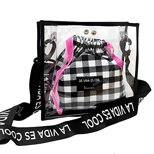 La Vida es Cool Bolso mujer PVC Transparente Bandolera Tote 2 in 1 Bolsa de tela Correa ajustable Bolso cruzado Bolso con cierre de click Estampado vichy SWEET BAG