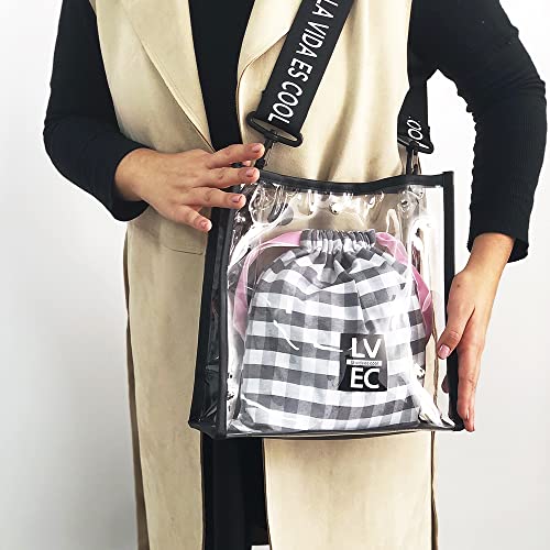 La Vida es Cool Bolso mujer PVC Transparente Bandolera tote 2 in 1 Bolsa de tela correa ajustable Bolso cruzado Bolso con cierre de click estampado vichy SWEET BAG.