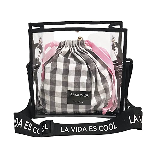 La Vida es Cool Bolso mujer PVC Transparente Bandolera tote 2 in 1 Bolsa de tela correa ajustable Bolso cruzado Bolso con cierre de click estampado vichy SWEET BAG.