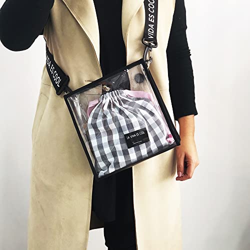 La Vida es Cool Bolso mujer PVC Transparente Bandolera tote 2 in 1 Bolsa de tela correa ajustable Bolso cruzado Bolso con cierre de click estampado vichy SWEET BAG.