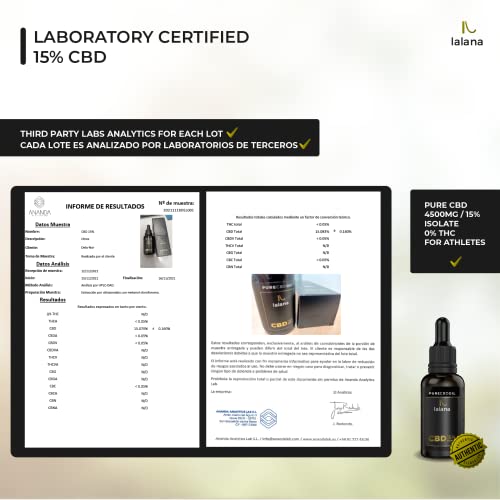 LALANA CBD Oil - Auténtico Aceite CBD 15% | 30ml | 4500 mg CBD puro | Fórmula mejorada - Base de Aceite MCT (coco), curcumina y piperina | 0% THC