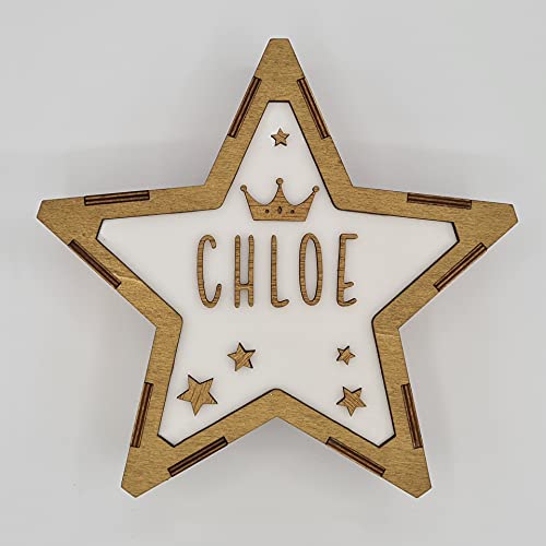 LÁMPARA DE MESA. ESTRELLA DE MADERA LUMINOSA. LÁMPARA PERSONALIZADA CON NOMBRE PERSONALIZADO VARIOS DISEÑOS (Corona niña)