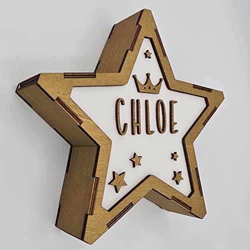 LÁMPARA DE MESA. ESTRELLA DE MADERA LUMINOSA. LÁMPARA PERSONALIZADA CON NOMBRE PERSONALIZADO VARIOS DISEÑOS (Corona niña)