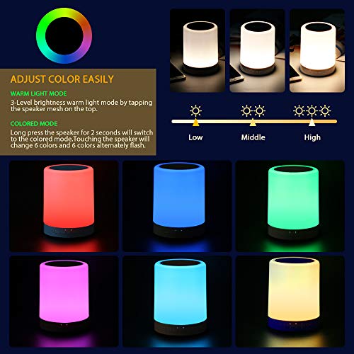 Lámpara de Mesilla de Noche con Sensor Táctil,Lámpara de Altavoz Bluetooth luz Cálida Regulable y Linterna Portátil para Exteriores que Cambia de 7 Colores, Regalos para Mujeres Niños