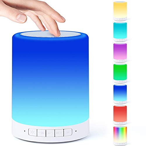 Lámpara de Mesilla de Noche con Sensor Táctil,Lámpara de Altavoz Bluetooth luz Cálida Regulable y Linterna Portátil para Exteriores que Cambia de 7 Colores, Regalos para Mujeres Niños