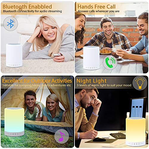 Lámpara de Mesilla de Noche con Sensor Táctil,Lámpara de Altavoz Bluetooth luz Cálida Regulable y Linterna Portátil para Exteriores que Cambia de 7 Colores, Regalos para Mujeres Niños