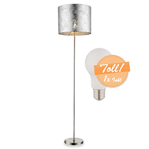 Lámpara de pie elegante con bombilla - Lámpara de pie elegante de tela de plástico - Pantalla plateada metálica - Lámpara sencilla con interruptor, altura 160 cm