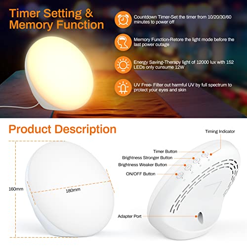 Lámpara Luminoterapia 12000 Lux, Kuubee lámpara de luz diurna anti-depresión, Lampara fototerapia de espectro completo con 3 colores y 5 brillos ajustables 4 temporizador, función de memoria