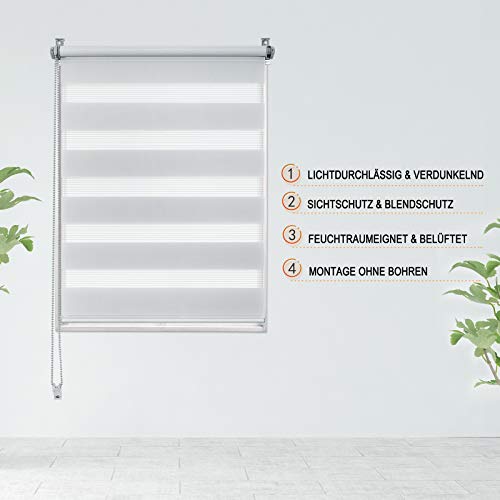Laneetal Estor Enrollable Doble sin Abrazadera sin Perforación Estor Día y Noche Translúcido para Ventanas y Puerta (85x150cm Gris)