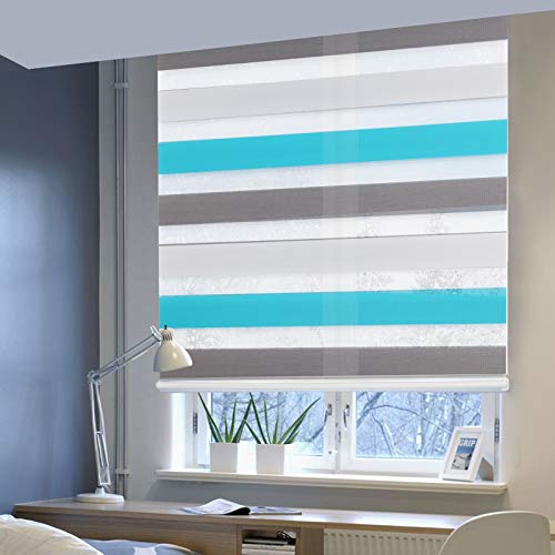 Laneetal Estores Enrollable Noche y Día Persiana Interior Doble Semi-Sombreado Bloquear los Rayos UV Proteger la Privacidad 100% Poliéster 45 x 150 cm Color Blanco+Gris+Turquesa
